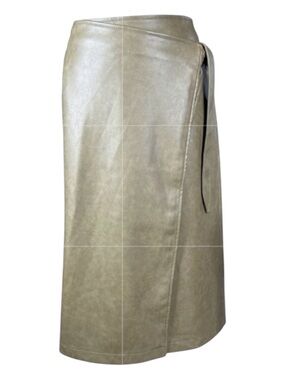 7 FOR ALL MANKIND Olive Green Vegan Leather Midi Wrap Skirt, Tie Waist, Size M.